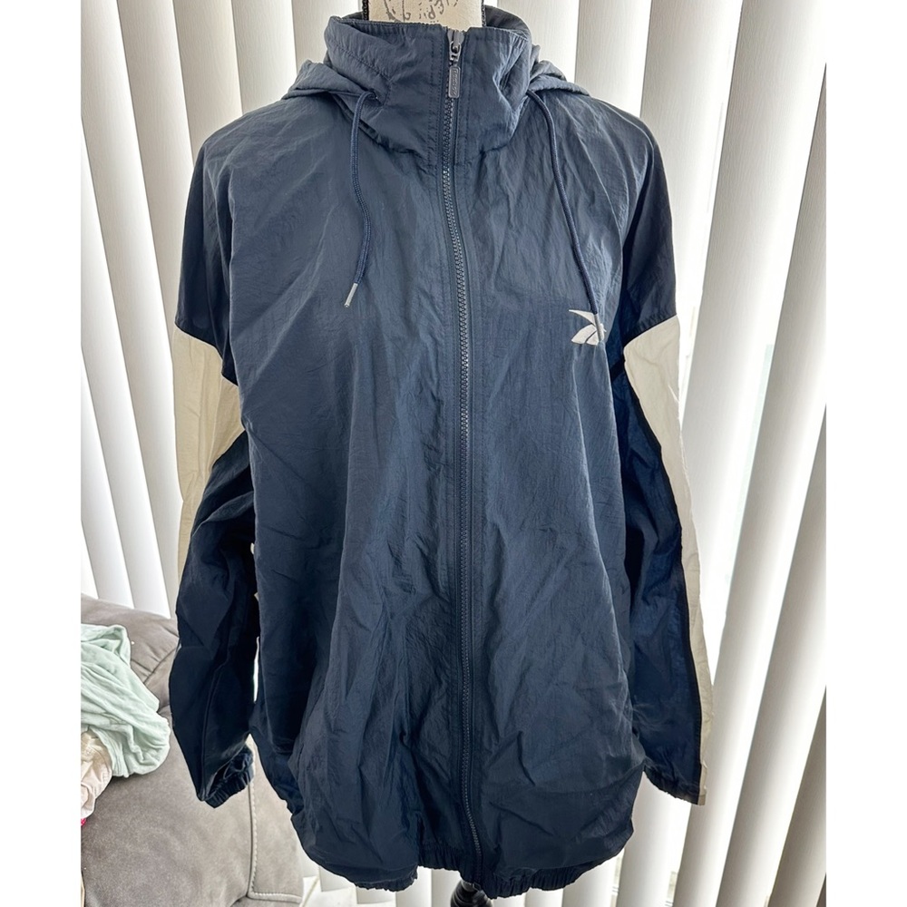 Vintage Reebok Track Jacket Navy Zip Up Pack Away Hood Back Vent Men Size XL